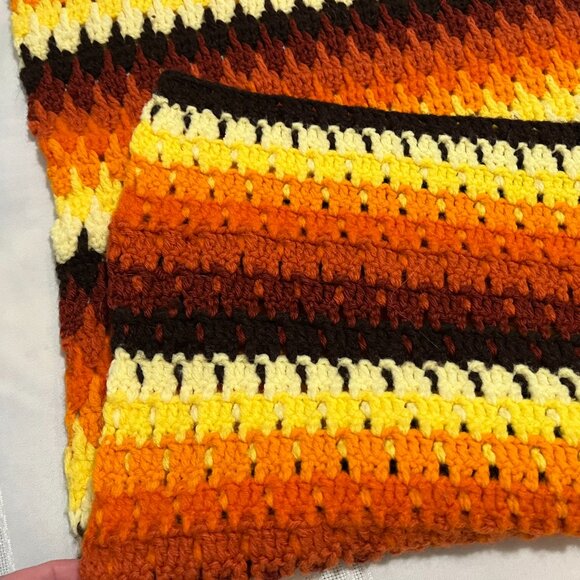 Vintage Crochet Afghan Striped Orange & Brown Yellow Throw Blanket 51 X 63 - Picture 4 of 5